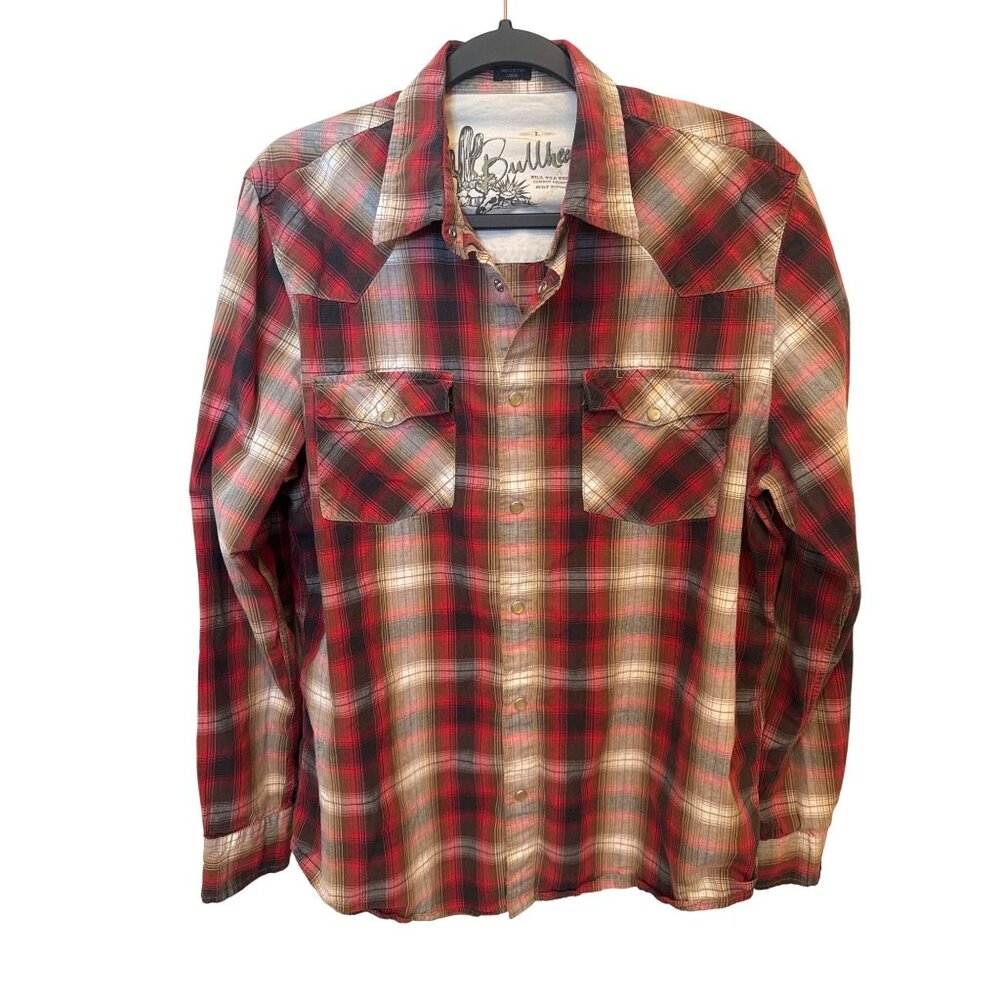 Y2K Vintage Bullhead Pearl Snap Western Shirt Men's L Red Plaid Cowboy Rodeo